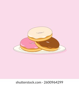 fluffy and sweet of three flavors of donut on plate, vector illustration