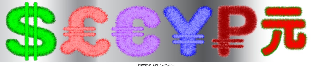 Fluffy symbols of world currencies. Dollar, Pound, Euro, Yen, Ruble and Yuan