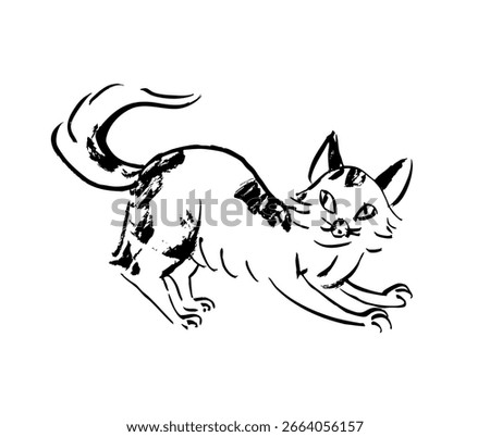 Fluffy tabby cat in sketch style, hand drawn with black ink and transferred to vector image. Minimalistic pet illustration suitable for print, cards, logos and interior design.