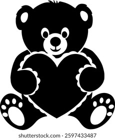 Fluffy teddy bear with a big heart in monochrome silhouette design.
