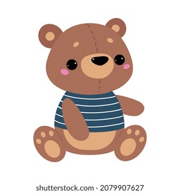 Fluffy Teddy Bear in Striped Vest as Kids Toy Vector Illustration