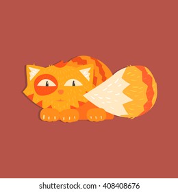 Fluffy Tiger Cat Funny Flat Vector Illustration In Creative Applique Style 