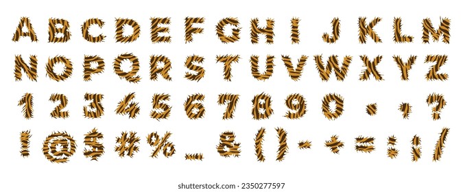 Fluffy tigerish latin alphabet. Letters, numbers and glyphs. Vector set isolated on white background. ABC. 