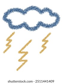 Tormenta de trueno de oropel esponjoso. Autorizaciones Thundercloud de descarga eléctrica de felpa. Tres relámpagos dorados brillantes. Nube azul oscuro. Ilustración vectorial de color. Fondo blanco aislado.