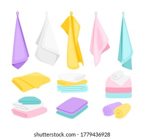 Fluffy towels. Cartoon cute folded bathroom items, hanging and stacked towel set for kitchen, beach and bath, vector illustration of textile fabric isolated on white background