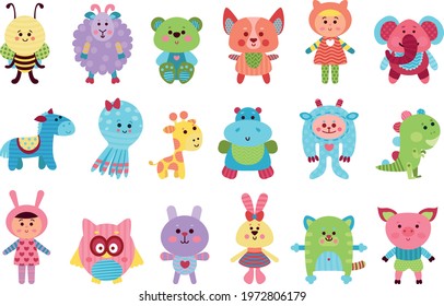 Fluffy Toy Sewn from Textile and Stuffed with Flexible Material for Kids Vector Set