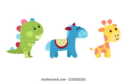 Fluffy Toy Sewn from Textile and Stuffed with Flexible Material for Kids Vector Set