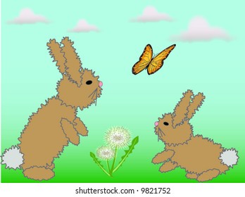 fluffy vector bunnies with butterfly and dandelion