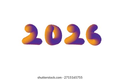 Números mullidos y vibrantes de 2026 en un gradiente de púrpura y naranja sobre fondo blanco.