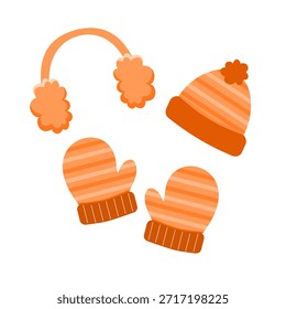 Fluffy and warm orange knitted winter cloth accessories with stripped pattern. Beanie, mitten, and earmuff cartoon. Can be used for wallpaper and sticker