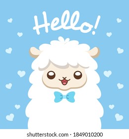 Fluffy white alpaca, sheep, llama animal cartoon with hello text greeting card design. Cute flat vector illustration print.