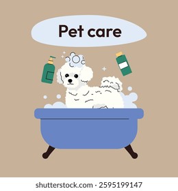 A fluffy white Bichon Frise sitting in a blue bathtub, covered in soap bubbles, with pet shampoo bottles floating around. A cute and playful design representing pet grooming and hygiene. Vector