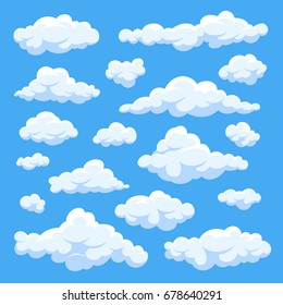 Fluffy white cartoon clouds in blue sky vector set. Cloudy day heaven. Cartoon cloudy fluffy illustration