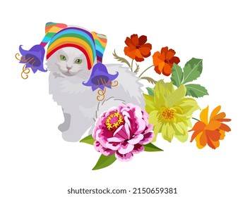 Fluffy white cat in a knitted hat among large garden flowers isolated on a white background in vector. Beautiful greeting card with the symbol of the Chinese year of the cat, 2023.