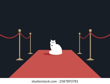 A fluffy white cat sits on a plush red carpet, surrounded by elegant velvet ropes, basking in the attention of onlookers during a glamorous event at night