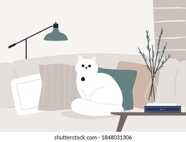 A fluffy white cat sitting on a sofa, domestic life, cozy interior