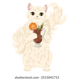 Fluffy white cat is standing on its hind legs. He's holding a glass with mulled wine in his front paws. Funny cartoon vector illustration for stickers, prints, invitations design, bar menu