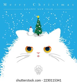 El blanquísimo gato blanco se transforma en nieve y celebra feliz Navidad.