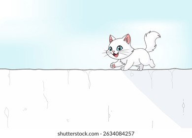 Um gato branco fofo está caminhando sobre uma parede branca com pequenas rachaduras, um céu azul pálido em um dia ensolarado. Ilustração de vetor de desenhos animados.