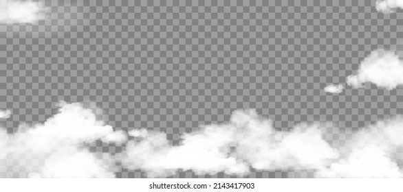 Fluffy white cloud sky isolated on transparent background for backdrop template decoration or web banner covering, Vector illustration elements of Natural soft cloudscape of smoke or thunder storm