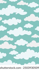 Fluffy white clouds create a seamless pattern on a blue background