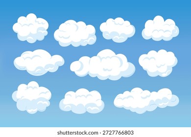 Nuvens brancas fofas isoladas no fundo do céu azul. Elementos planos de nuvens, elementos meteorológicos e naturais. Conjunto de ilustrações vetoriais.