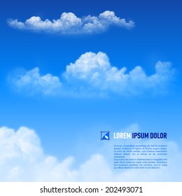 Fluffy white clouds on the sky  background. Down text