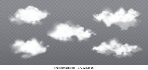 Nubes blancas esponjosas sobre fondo transparente: formas realistas de humo suave con textura natural del cielo y bordes borrosos. Conjunto de Vectores de varias Formas en la nube para gráficos de Clima o diseño atmosférico.