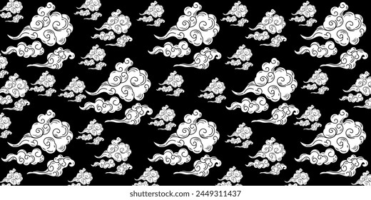 fluffy white clouds scattered against a dark black background. The design creates a sense of calmness and peace, with a touch of whimsy