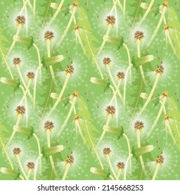 Flores blanquecinas de diente de león con brotes, semillas y hojas sobre un fondo verde. Patrón fluido del verano de primavera floral, impreso. Ilustración del vector