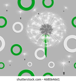 Fluffy white dandelion. Seeds-umbrellas of dandelion. White and green rings.Gray background. White silhouettes of dandelion leaves. Gray background. Vector. Seamless pattern. Vector seamless pattern.
