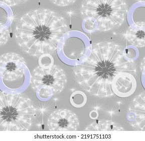 Fluffy white dandelion. Seeds-umbrellas of dandelion. Dandelion leaves on a gray background. White silhouettes of dandelion leaves. Gray background. Vector. Seamless pattern. Vector seamless pattern.