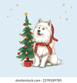 A fluffy white dog wearing a red scarf sits next to a decorated Christmas tree. The background features a light blue winter scene with stars and snowflakes, creating a festive holiday mood.