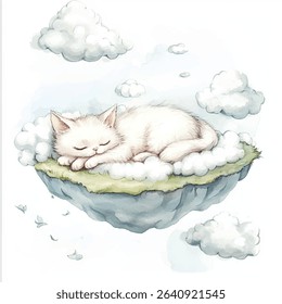 A fluffy white kitten sleeps soundly on a cloud island with green grass, surrounded by clouds and small birds in a watercolor style.