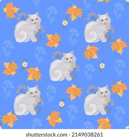 Fluffy white kitties among umbrella flowers and yellow maple leaves on a blue background in vector. Seamless print for fabric, wallpaper with the symbols of the Chinese year of the cat, 2023.