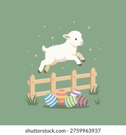 A fluffy white lamb is joyfully leaping over a wooden fence, with colorful, striped Easter eggs scattered below. The background is a soft green with small stars.