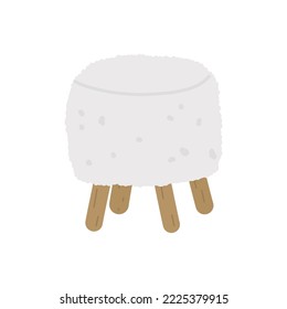 Fluffy white pouffe on wooden legs vector illustration in scandinavian style on white background for sticker, print, poster