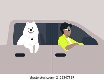 A fluffy white Samoyed leans out the open window of a modern pickup truck, relishing the fresh breeze while its human companion focuses on driving, The serene light indicates a bright, sun-filled day