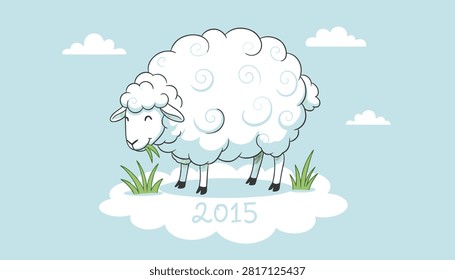 Fluffy white sheep grazing on a patch of green grass on a cloud celebrating the year two thousand and fifteen.