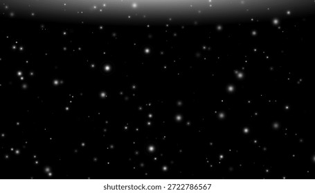 Nevada blanca esponjosa que cae de una nube brillante en la parte superior sobre un fondo negro. Partículas de nieve de invierno de diferentes tamaños y transparencia. Ilustración vectorial.