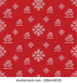 Fluffy white snowflakes and houses in linear style, New Year seamless pattern, contour vector illustration on a red background for creating gift wrapping, wrappers, souvenirs, print, textiles.