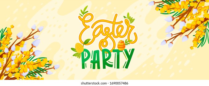 Abundantes sauces y mimosa Pascua. Diseño de pancarta vectorial para productos publicitarios y de bienvenida.