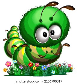 Fluffy Worm Bug Funny Cartoon Character among spring Flowers
