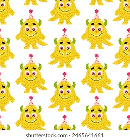 Fluffy yellow monster in flat style on a white background. Birthday pattern. Festive kids cartoon monster character. Pattern for textile, wrapping paper, background. 