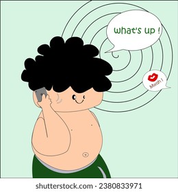 A fluffy-haired boy is calling to someone and she sends to sound of a kiss to him.