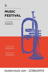 Flugelhorn. Afiche del festival de música. Instrumentos musicales eólicos. Competencia. Un conjunto de ilustraciones vectoriales. Diseño minimalista. Cartel, volante, portada, impresión.