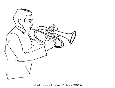 Flugelhorn player. Silhouette of musician with musical instrument. Black isolated contour. Hand drawn music illustration. Vector lines.