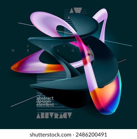 Fluid 3D geometric shape for poster design. Black abstract form and colorful lines in glass morphism style. Vector banner template design.