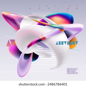 Forma geométrica 3D fluida para el diseño de póster. Forma abstracta líquida y líneas coloridas en estilo de morfismo de vidrio. Plantilla de Anuncio de Vector.
