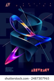 Fluid 3D geometric shape for poster design. Black abstract form and colorful lines in glass morphism style. Vector template design.